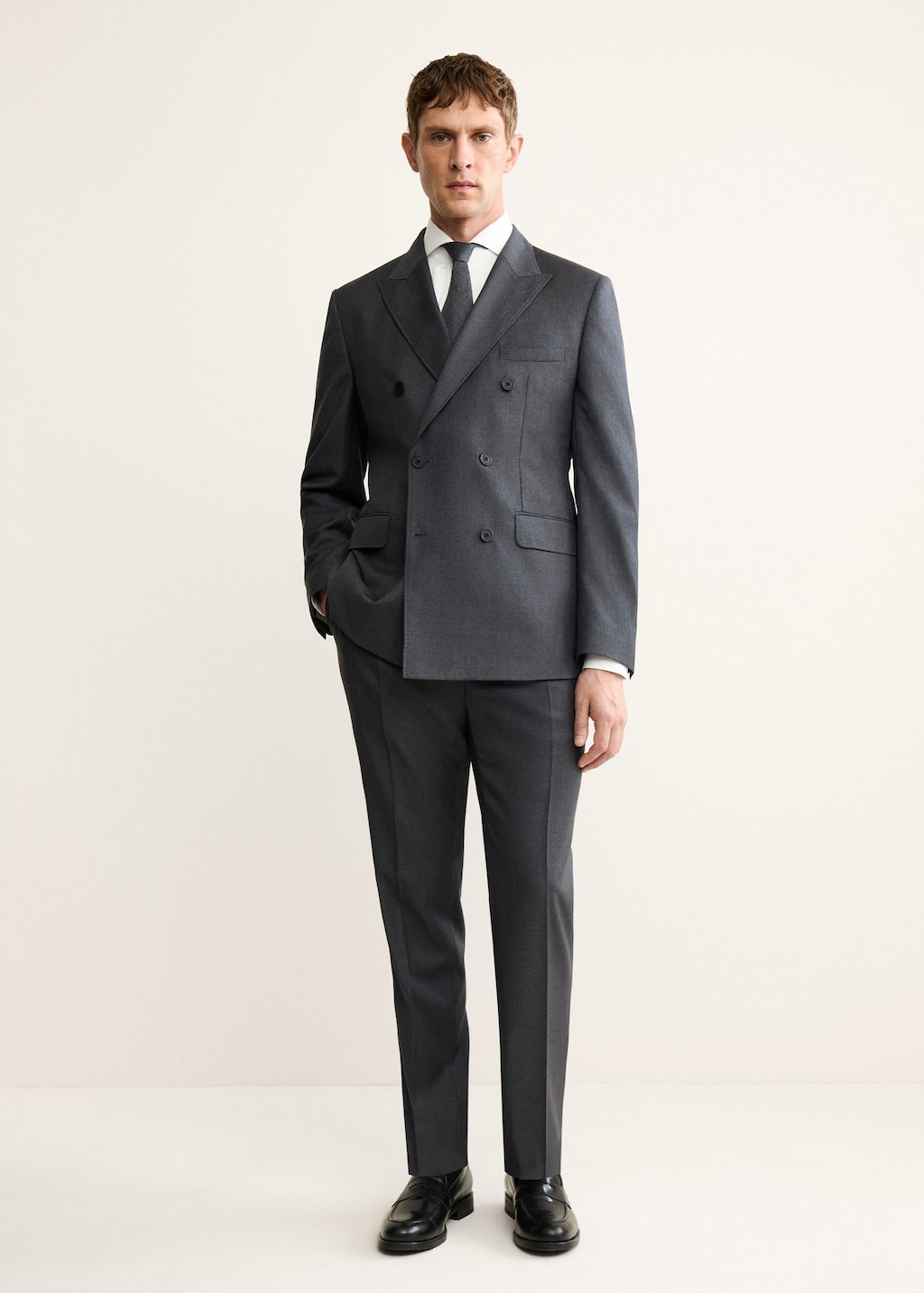 Mango Man Double-breasted Wool Flannel Suit Jacket Dark Heather Grey In Gray