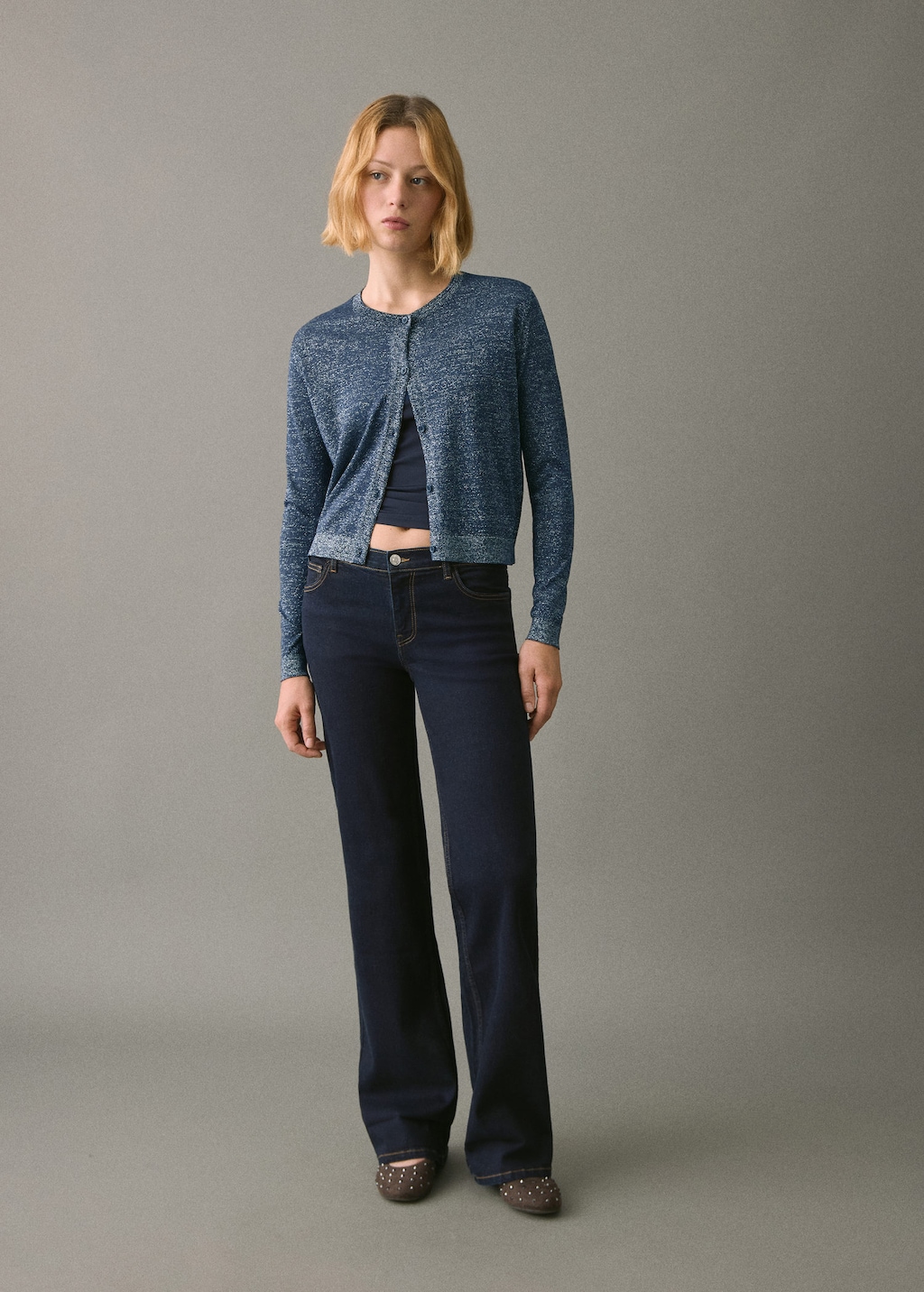 Mango Teen Lurex Knitted Cardigan Navy In Blue