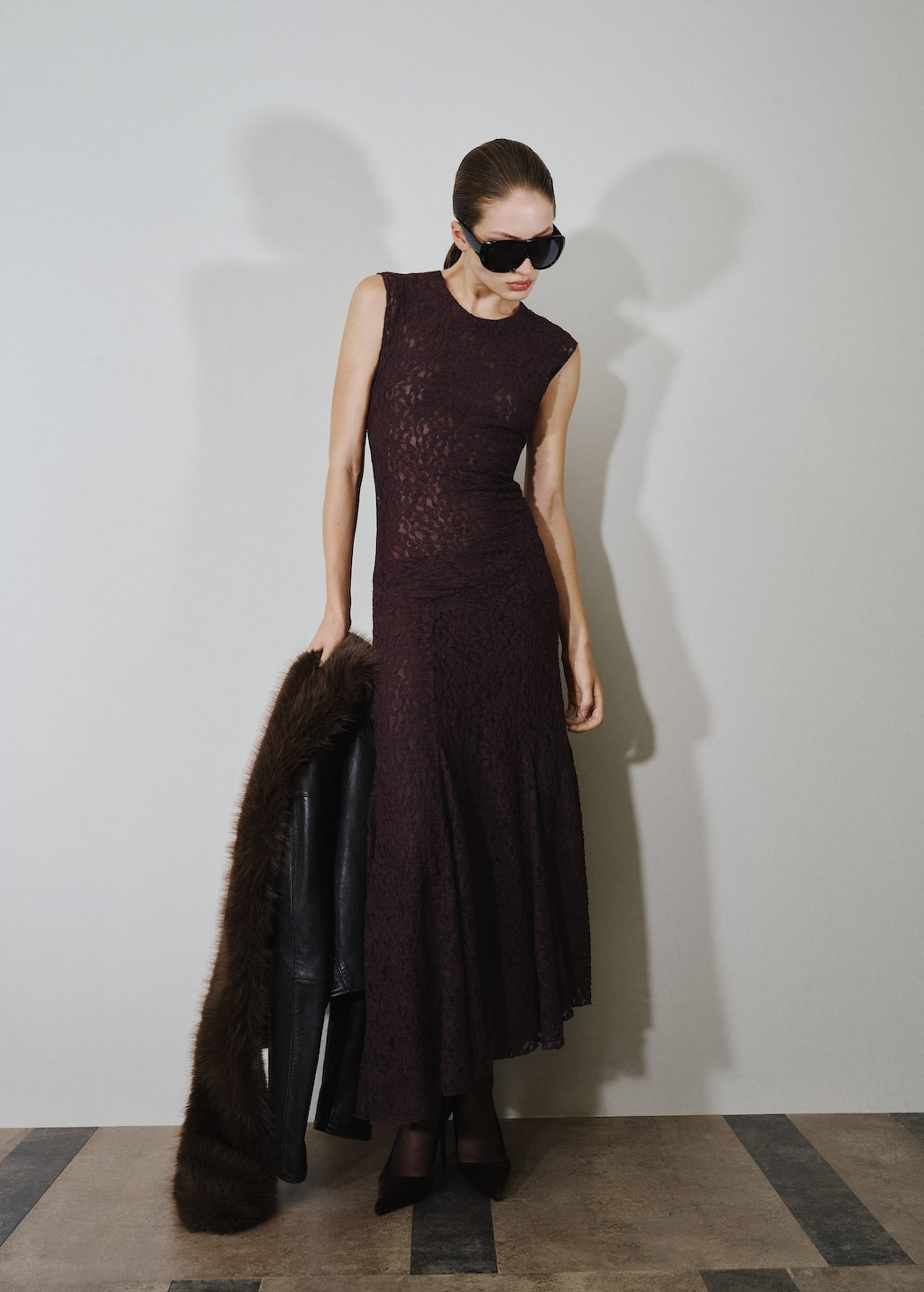 Mango Asymmetric Lace Dress Brown