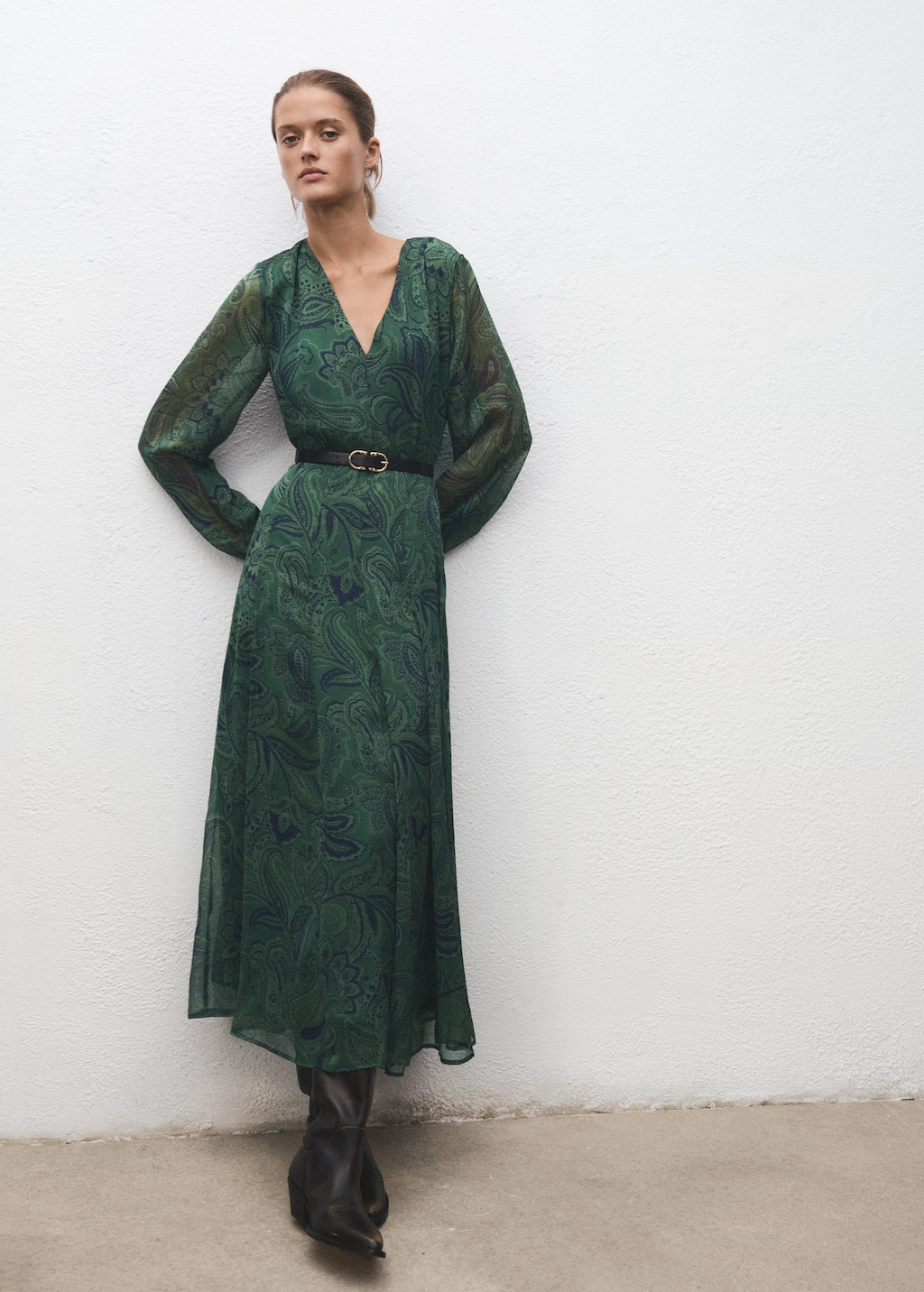 Mango Belt Printed Dress Green