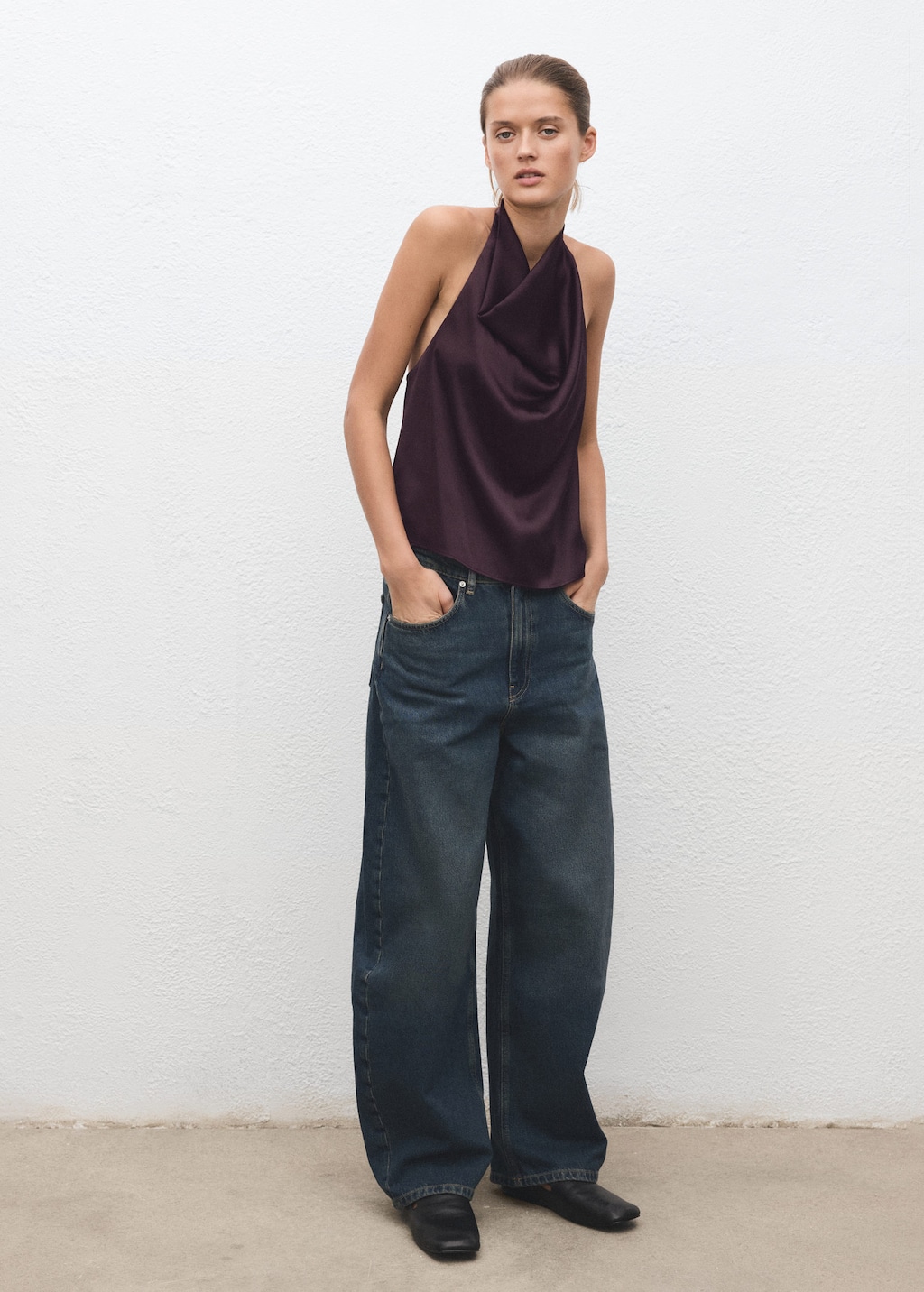 Mango Draped Neck Satin Top Plum In Blue
