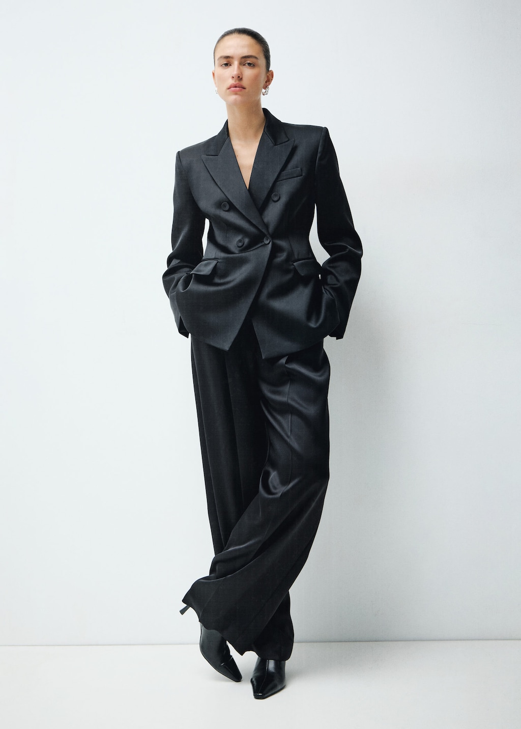 Mango Satin Suit Jacket Black In Blue