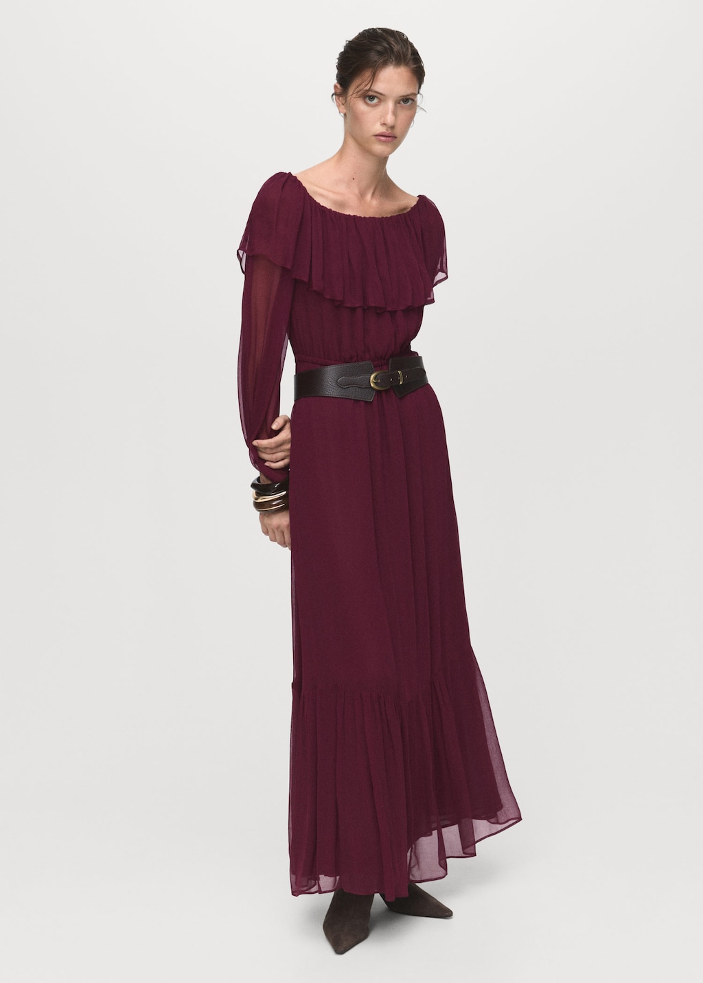 Mango Strapless Dress With Ruffles Burgundy