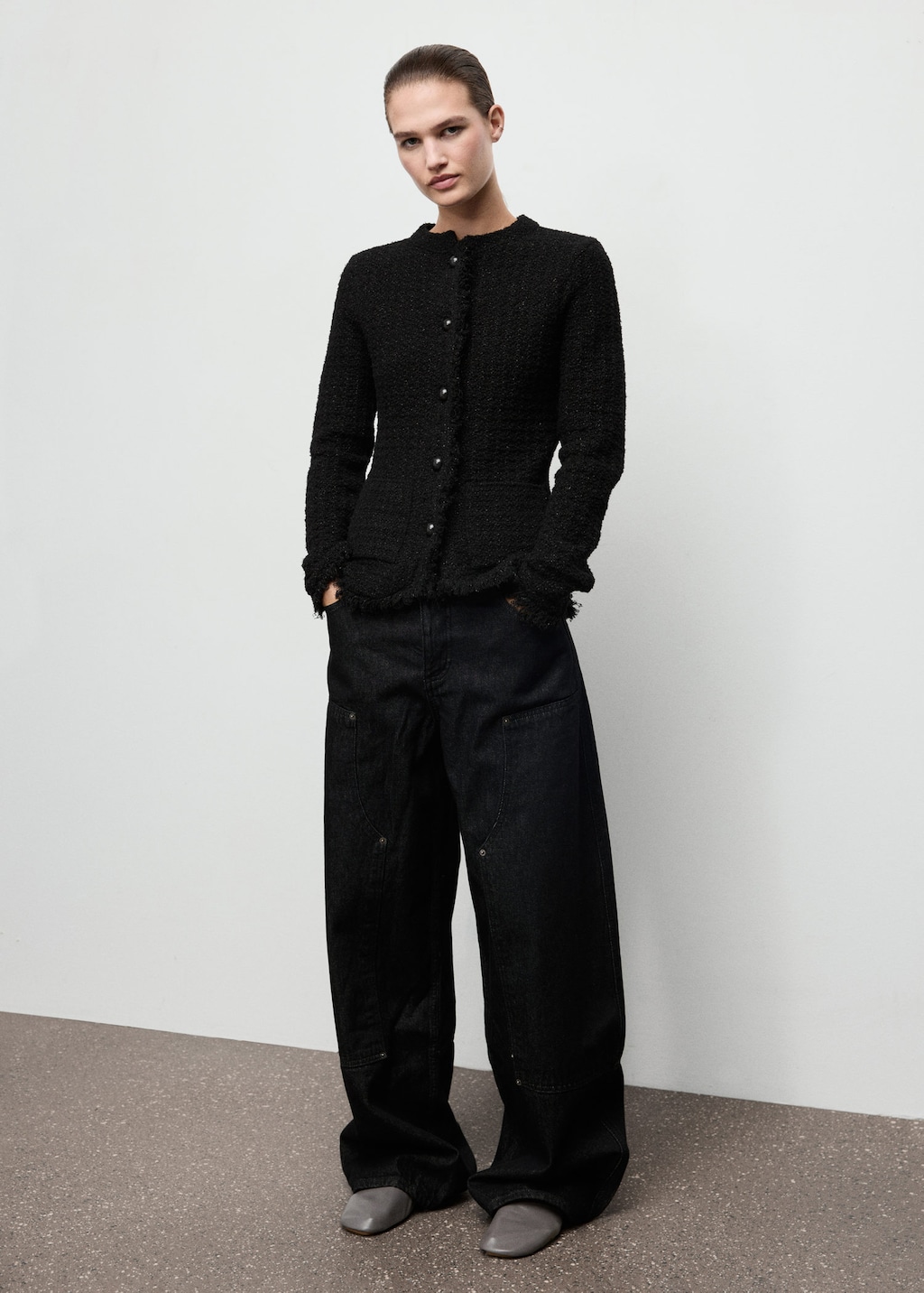 Mango Tweed Cardigan With Frayed Trims Black