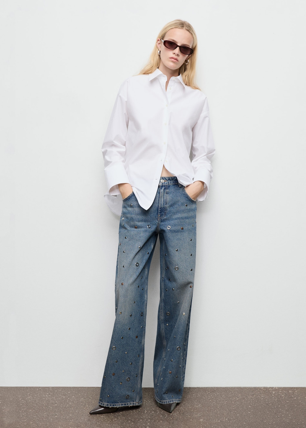Mango Straight-leg Jeans With Eyelets Dark Vintage Blue