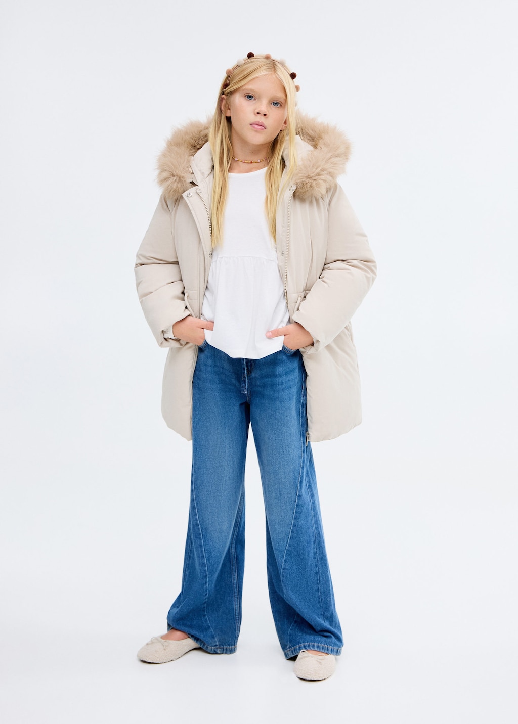 Mango Kids' Anorak With Shearling-effect Hood Ecru In Neutral