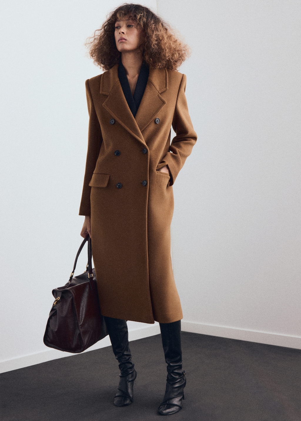 Mango Double-breasted Wool Coat Ochre In Brown