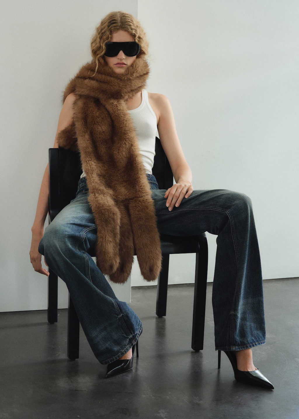 Mango Long Fur-effect Scarf Brown