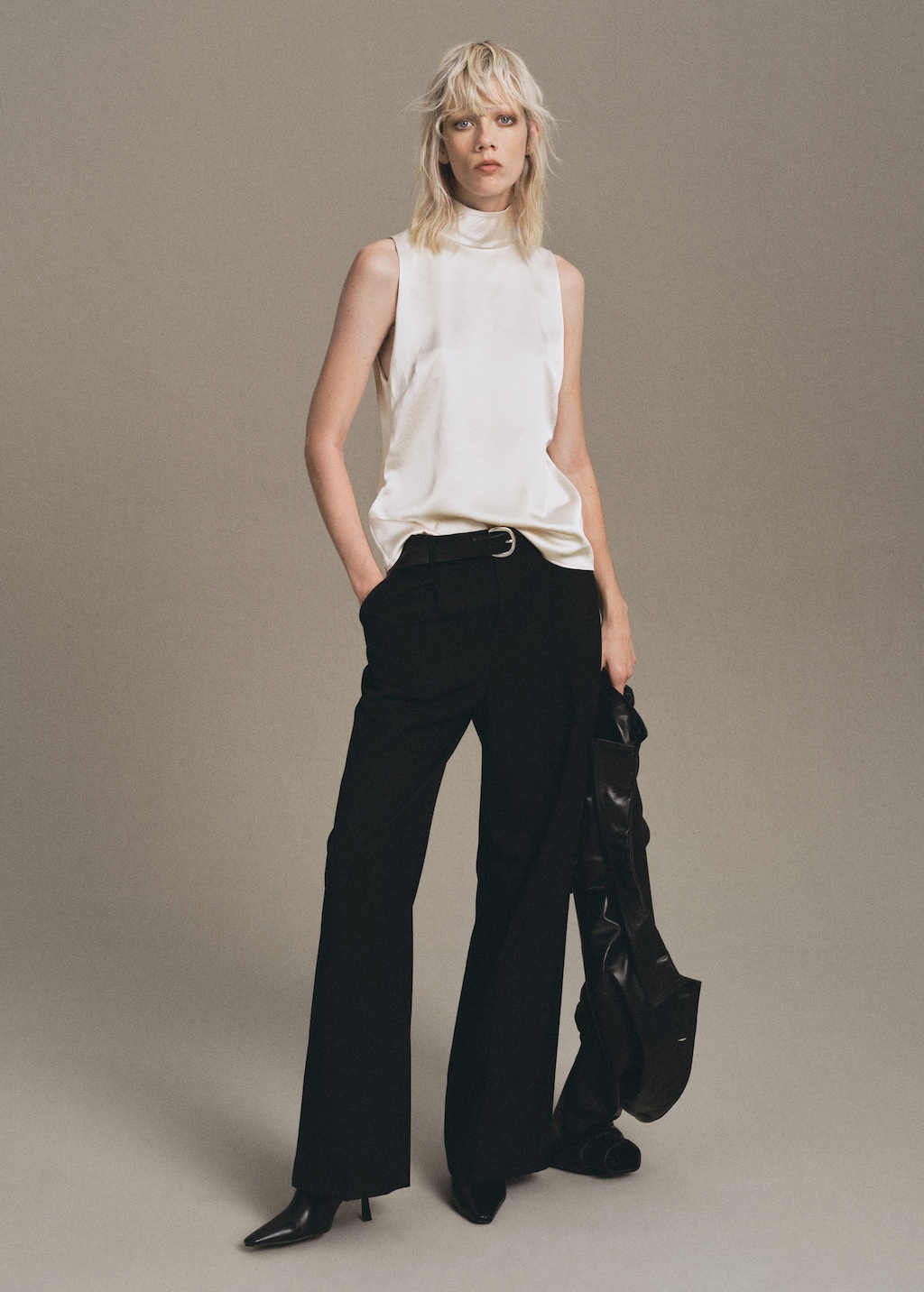 Mango High Collar Satin Blouse Ecru In Neutral