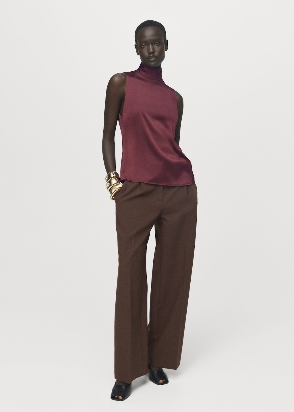 Mango High Collar Satin Blouse In Burgundy
