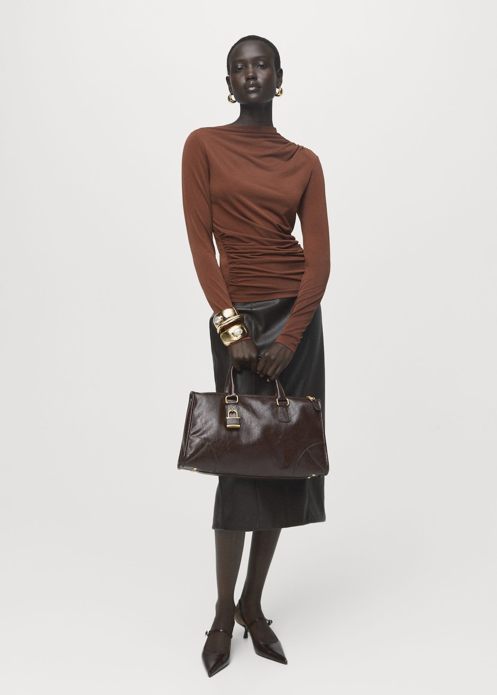 Mango Draped Fitted T-shirt Brown