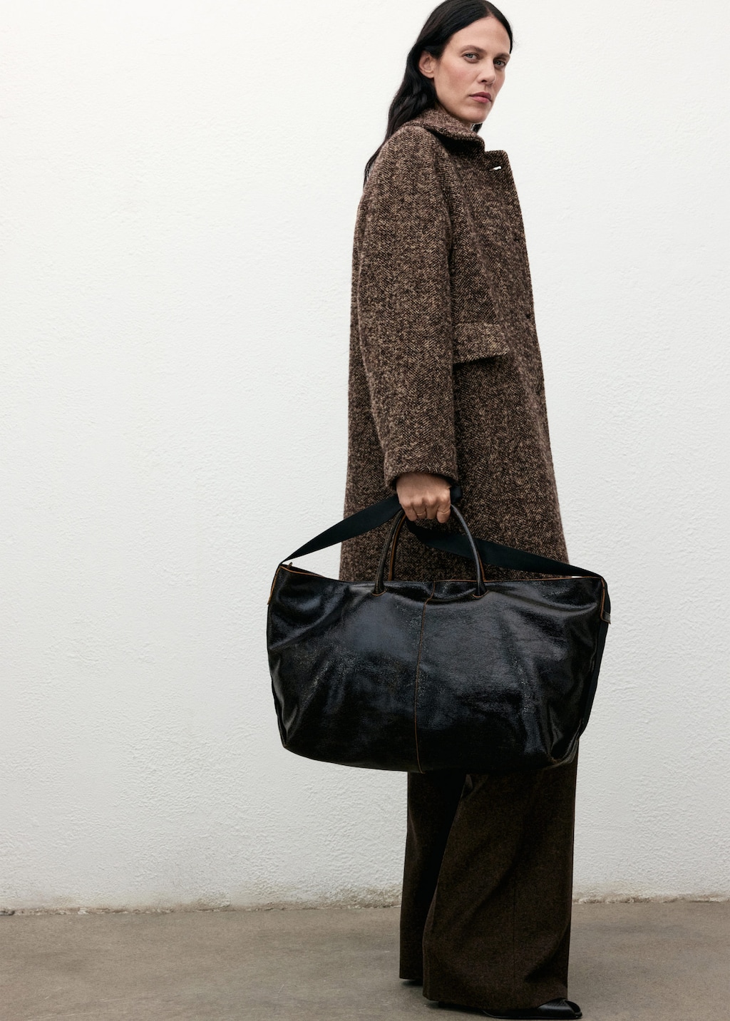 Mango Speckled Wool Overcoat Brown