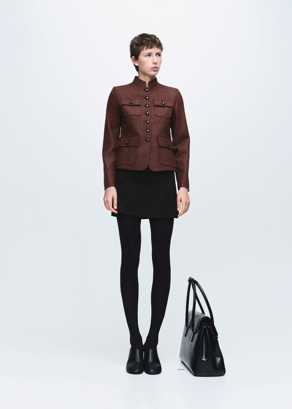 Mango Wool Jacket With Band Collar And Pockets Tobacco Brown