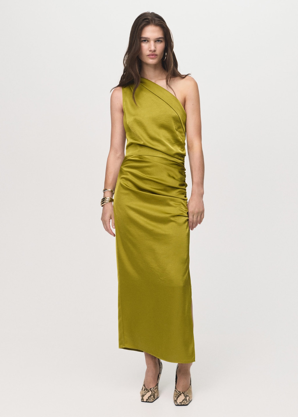 Asymmetrical satin dress with side slits olive green – Woman – 6 – MANGO Asymmetrical satin dress with side slits olive green – Woman – 6 – MANGO