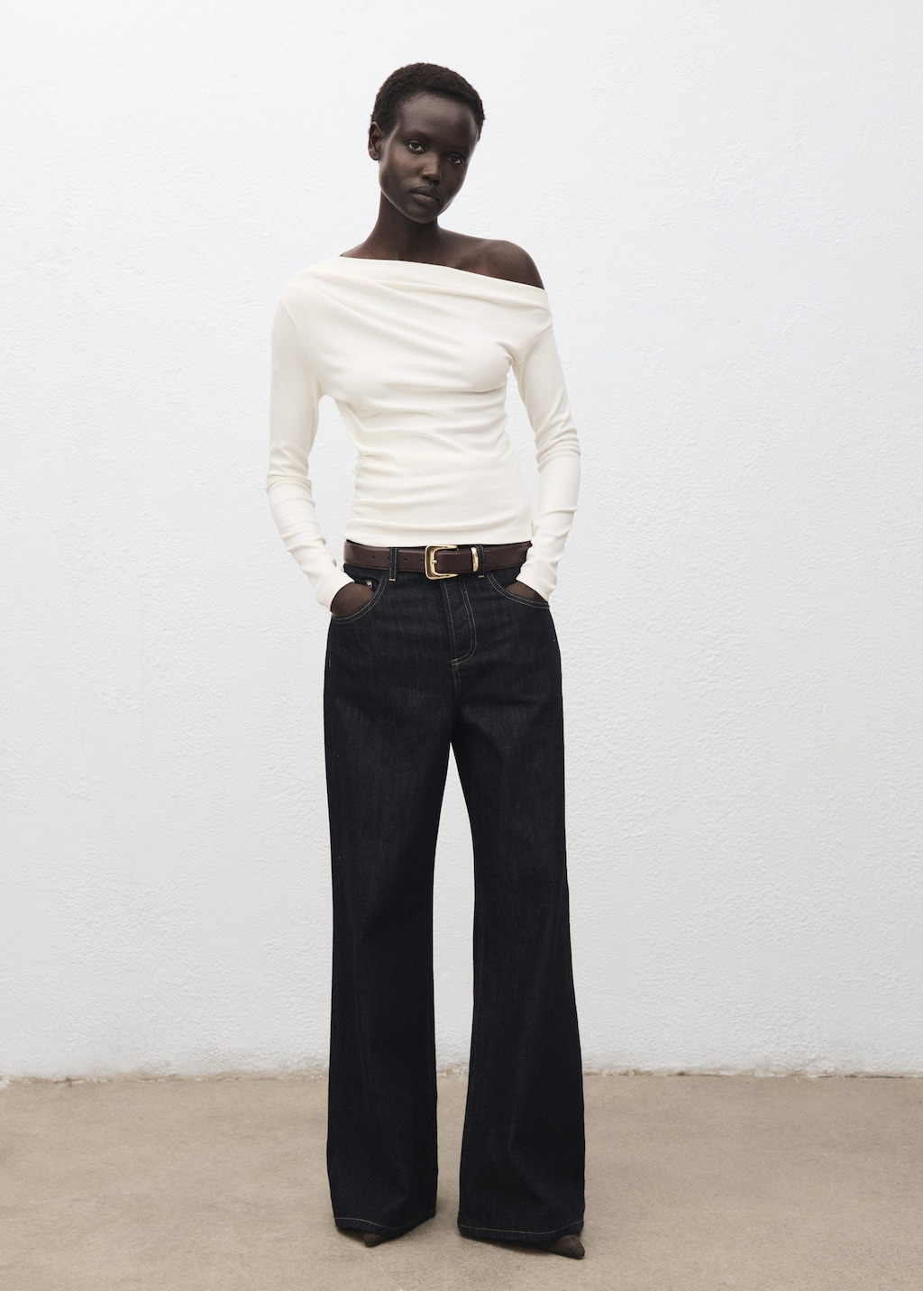 Mango Long-sleeve Top With Asymmetrical Neckline In White