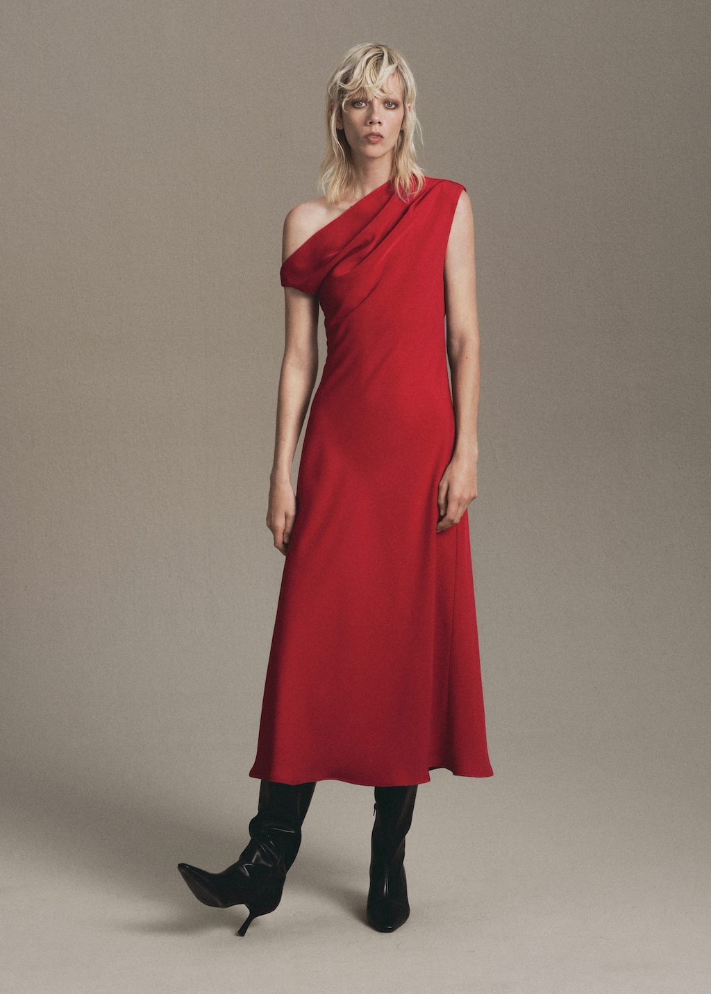 Mango A-line Dress With Asymmetrical Neckline Red