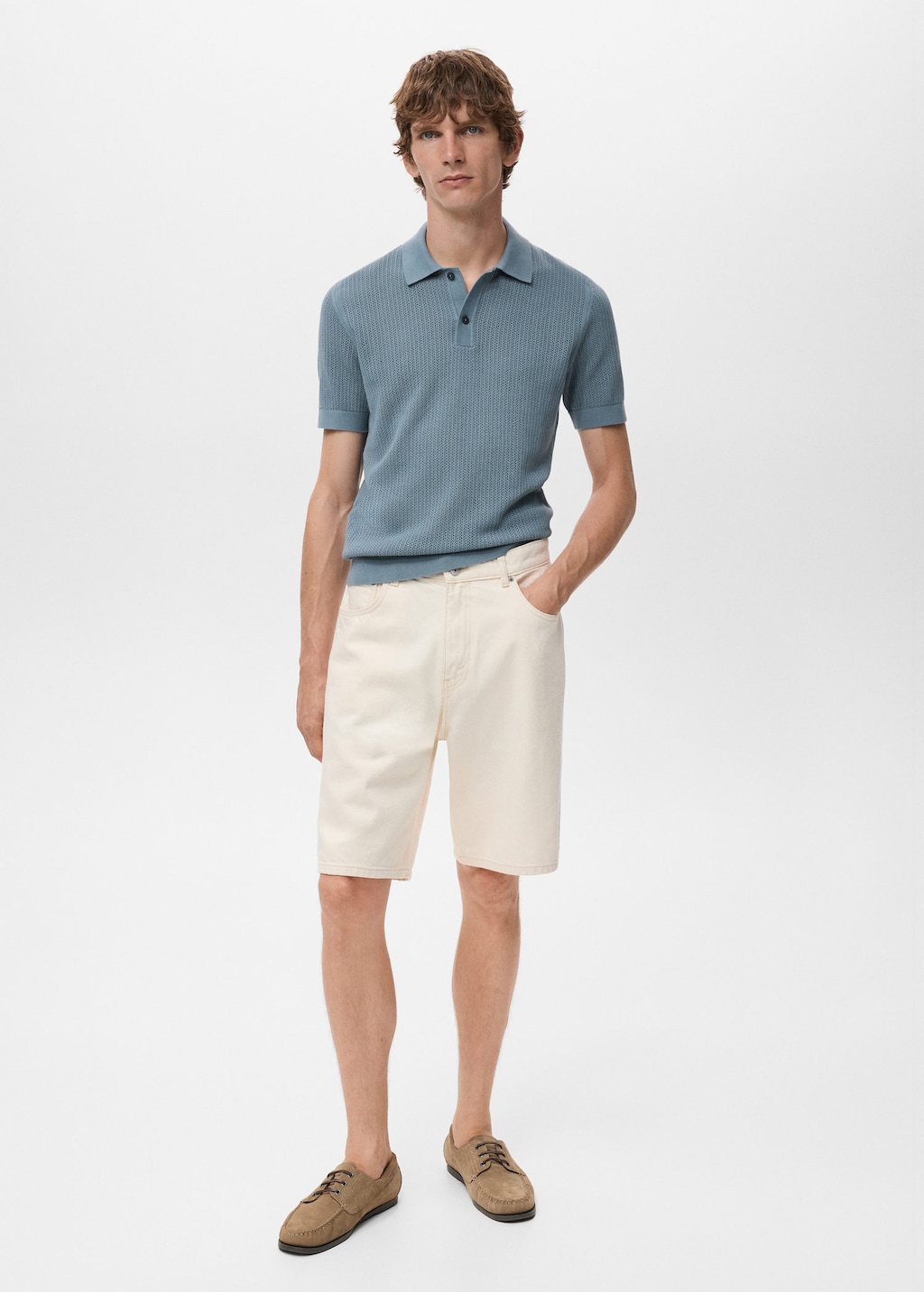 Mango Man Openwork Knitted Cotton Polo Shirt Indigo Blue