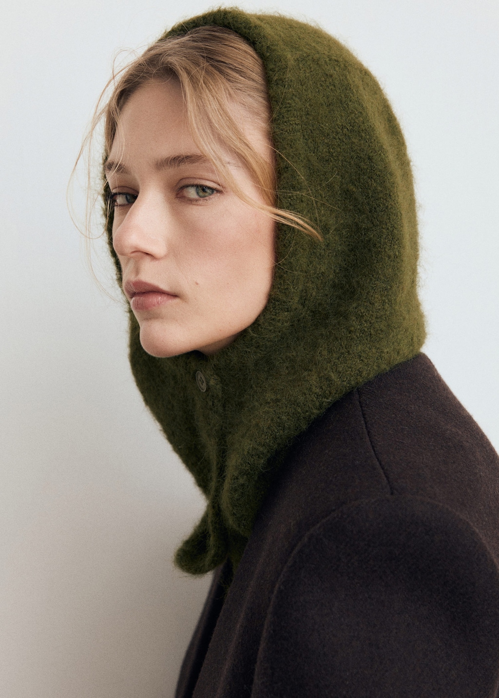 Mango Balaclava Knit Buttons Khaki In Green