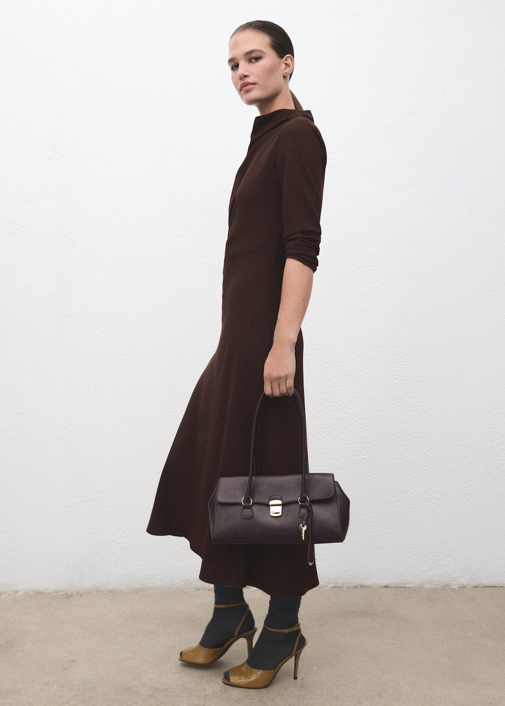 Mango Ruched Dress With Draped Neckline Chocolate In Brown