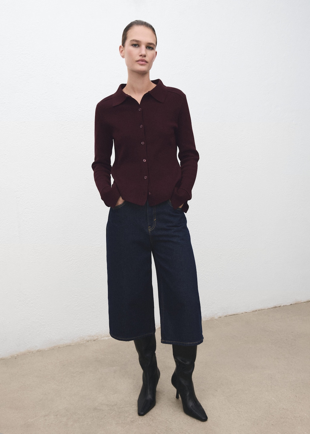 Mango Cardigan With Shirt Collar Wine In Burgundy