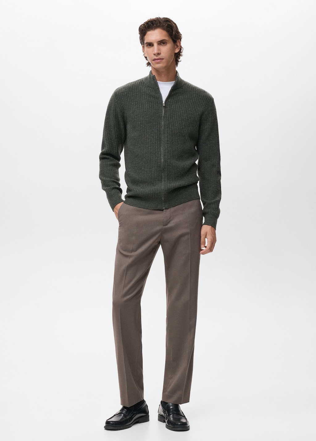 Mango Man Ribbed-knit Cardigan With Zip Dark Green In Multi