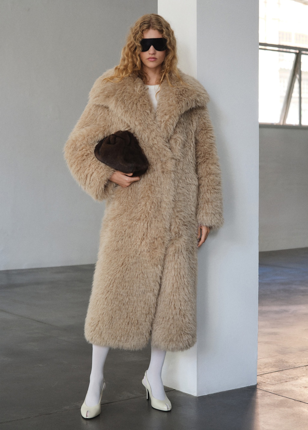 Mango Long Fur-effect Coat Beige In Animal Print