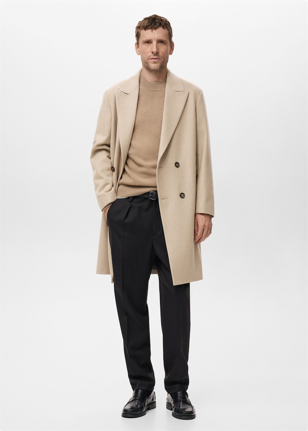 Mango Man Manteau Long Croisé En Laine Marron Moyen - Homme - Xl - In Brown