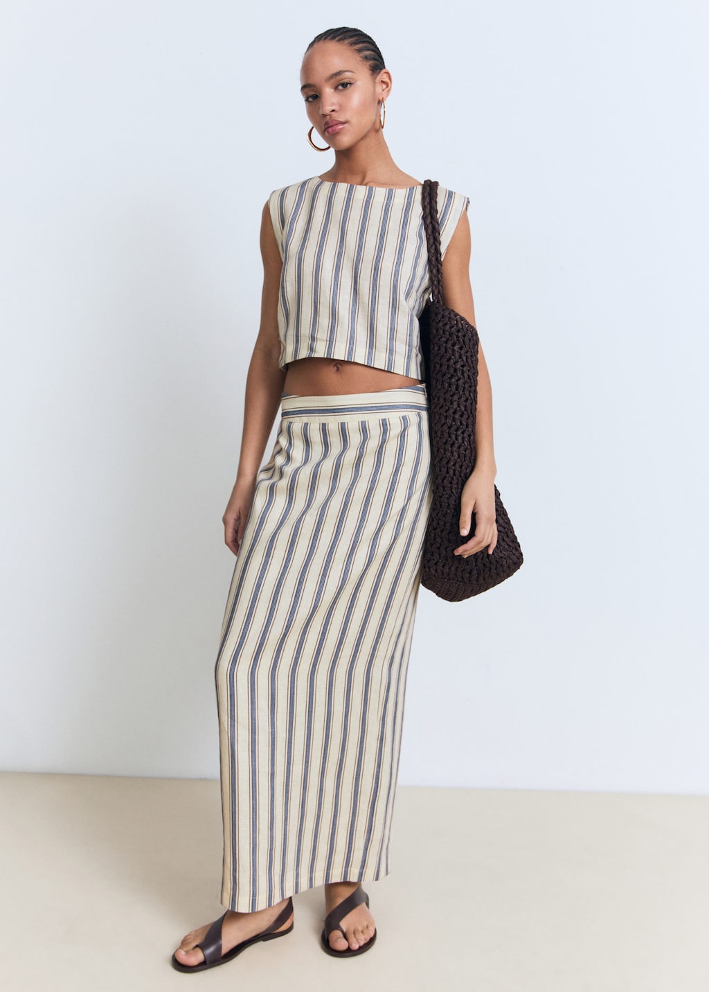 Striped linen top ecru - Woman - XL - MANGO