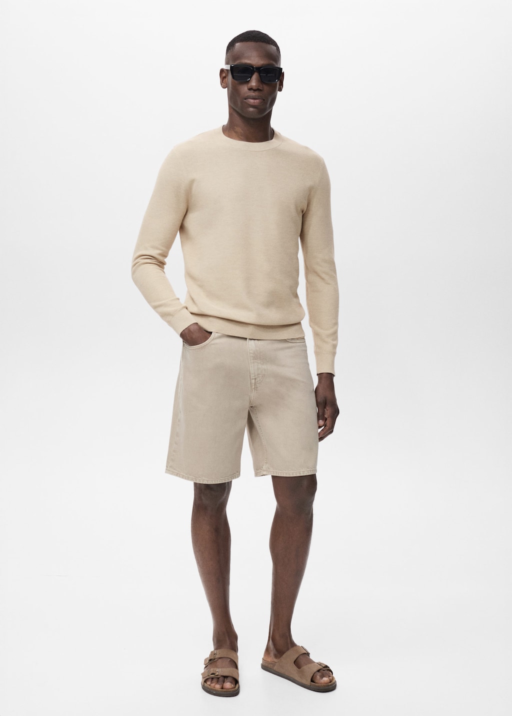Microstructured cotton knitted sweater beige - Man - XL - MANGO MAN