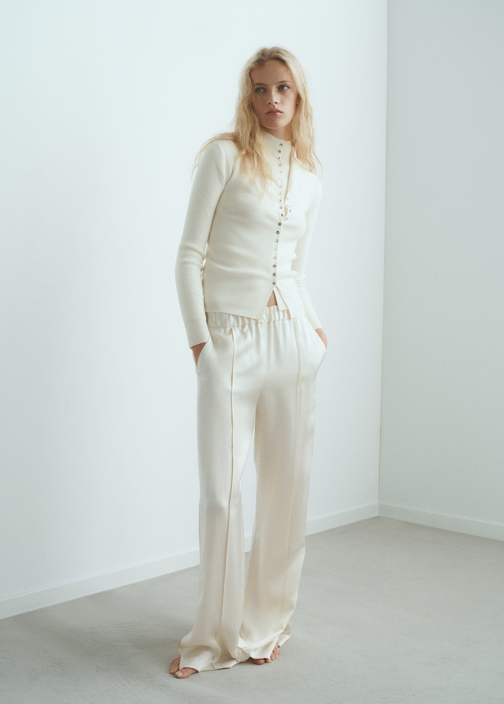 Fine rib knit cardigan ecru - Woman - XS - MANGO