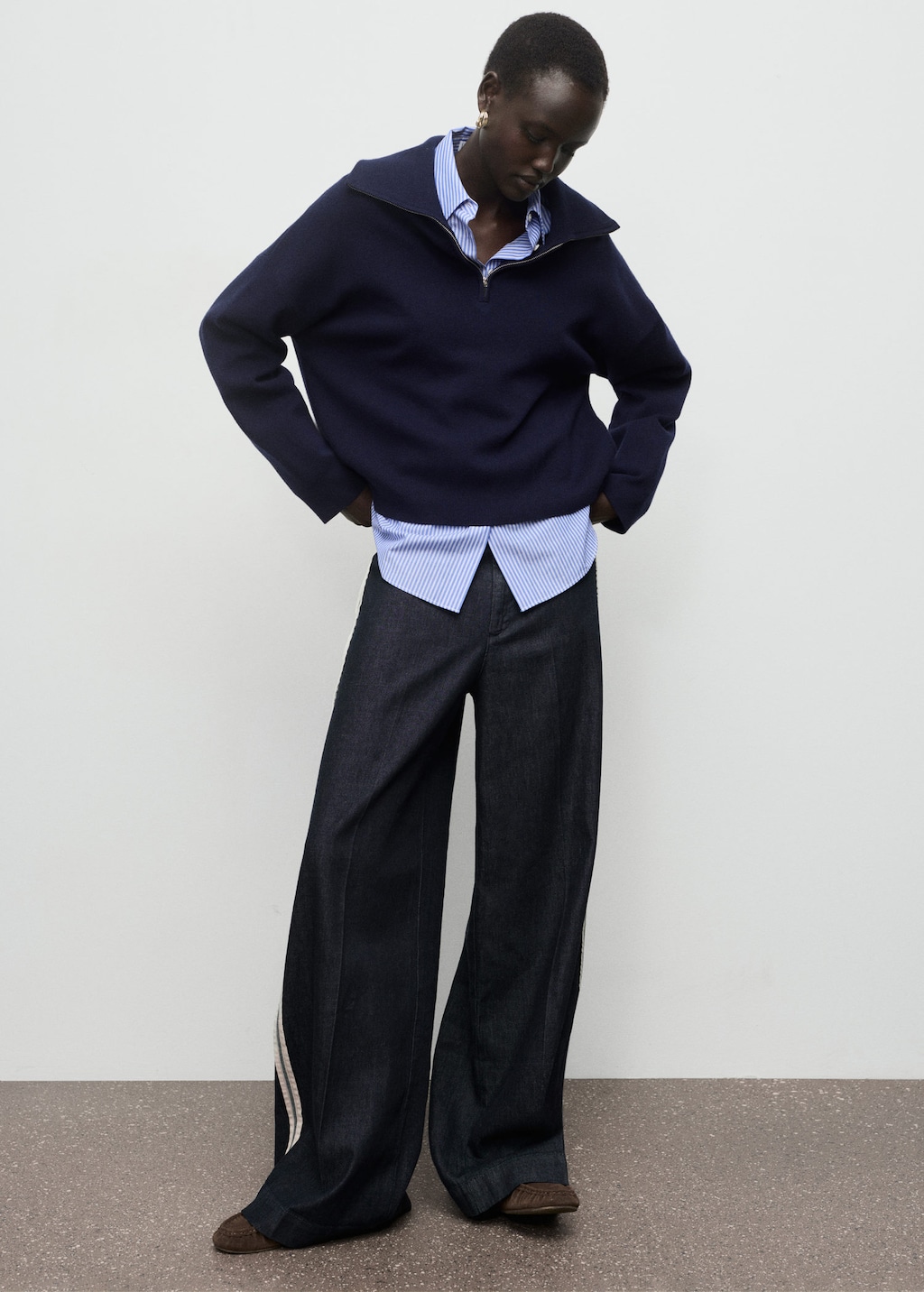 Mango Wide Leg Jeans With Stripes Open Blue