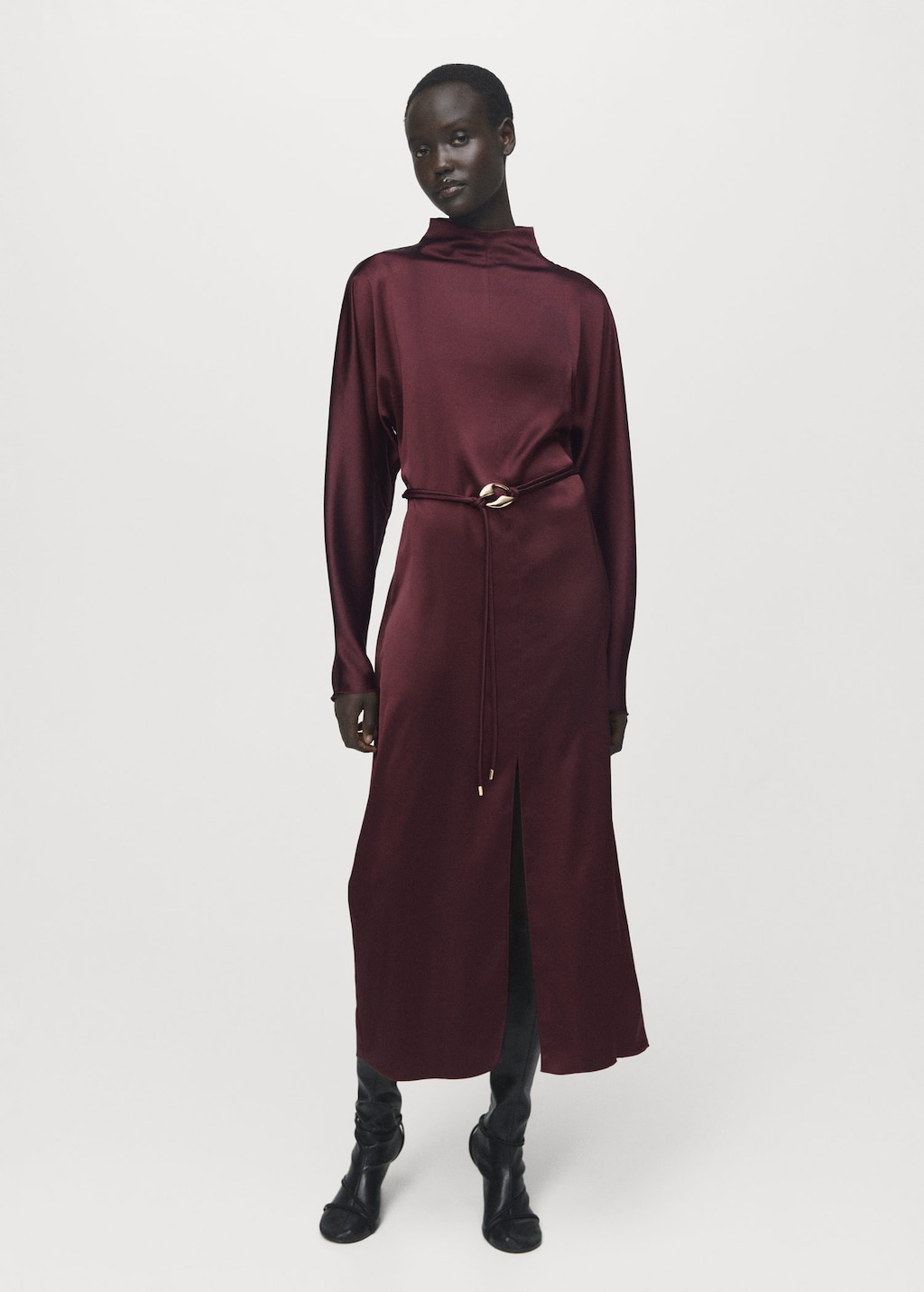 Mango Robe Satinée Ceinture Grenat - Femme - Xs -  In Burgundy