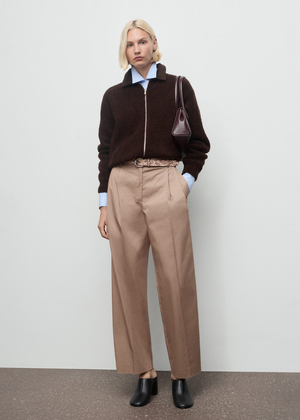 Mango Bouclé Jacket With Corduroy Collar Brown