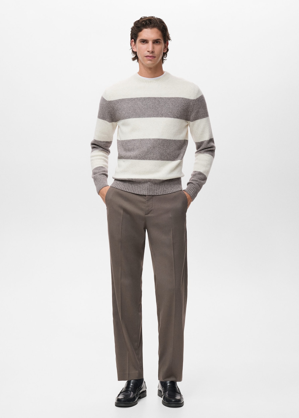 Mango Man Striped Wool Blend Sweater Ecru In Pattern