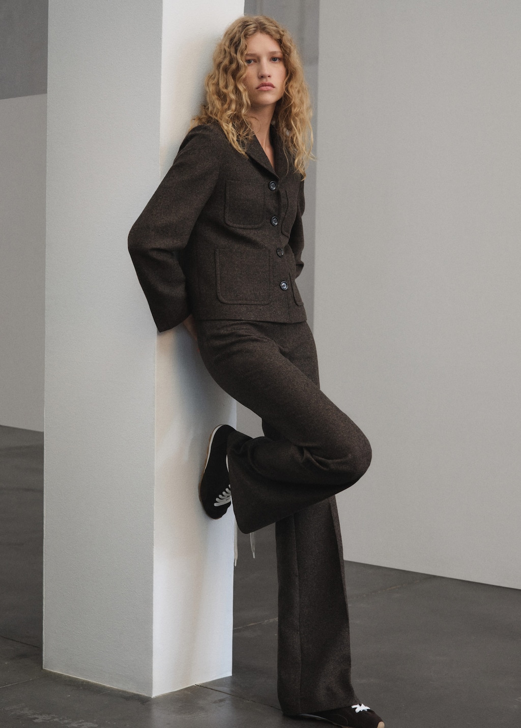 Mango Speckled Wool Flared Trousers Brown