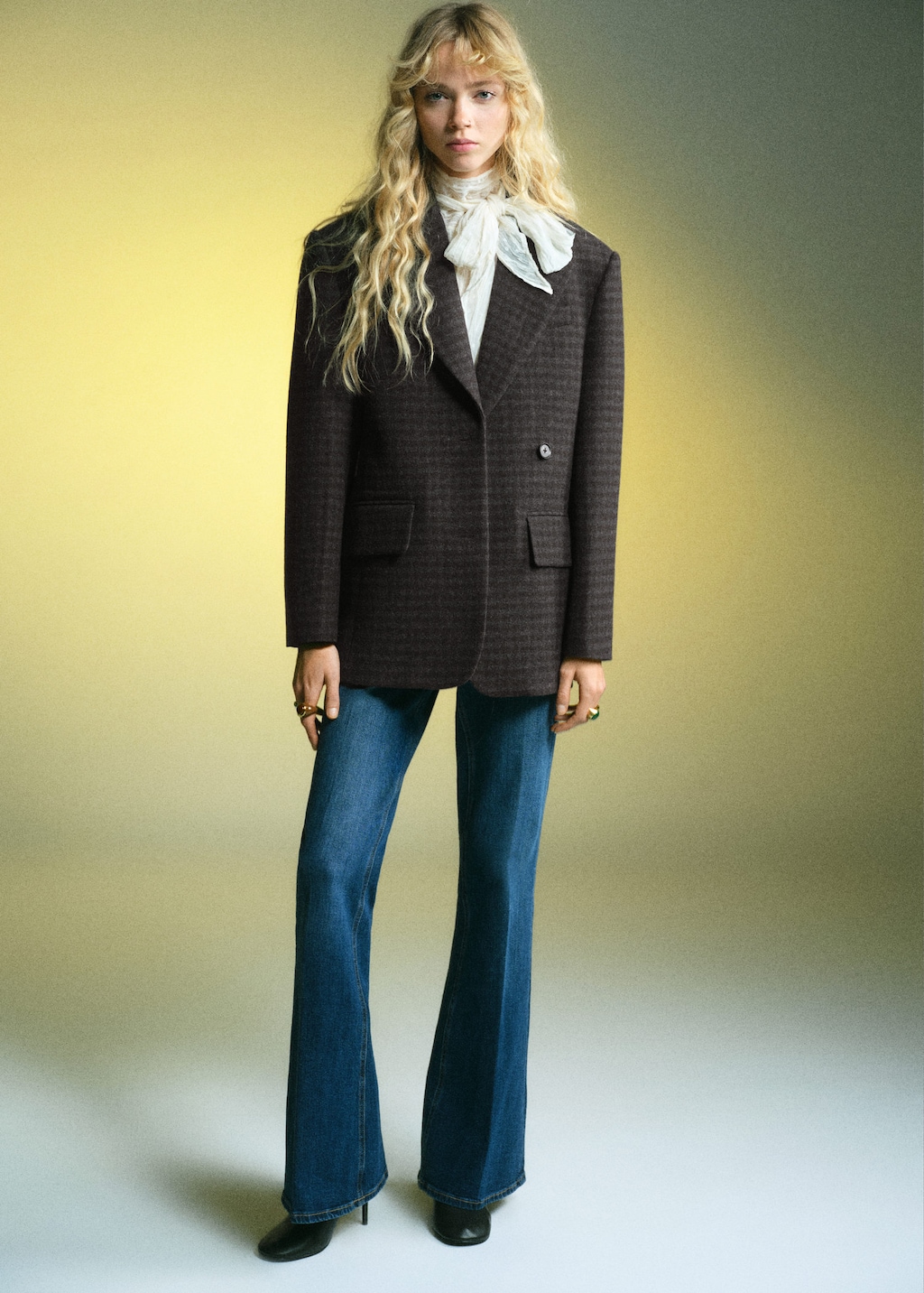 Mango Micro Houndstooth Wool Blazer Brown