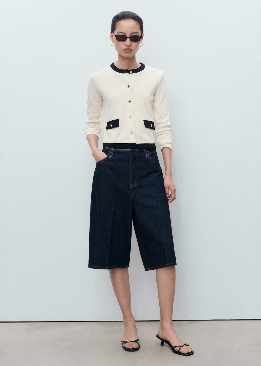 Contrasting cotton cardigan ecru - Woman - S - MANGO