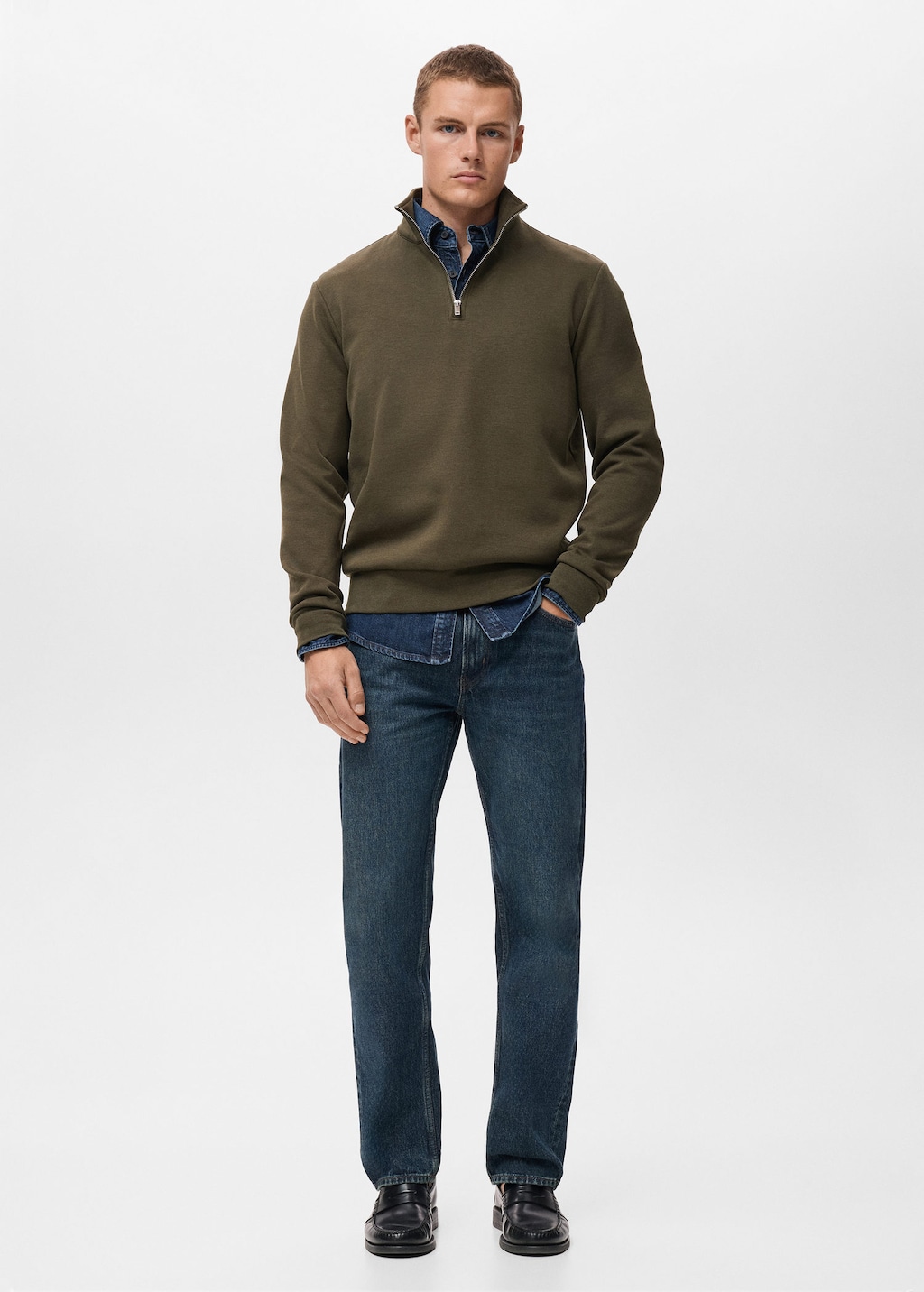 Regular-fit cotton sweatshirt with zip olive green - Man - M - MANGO MAN