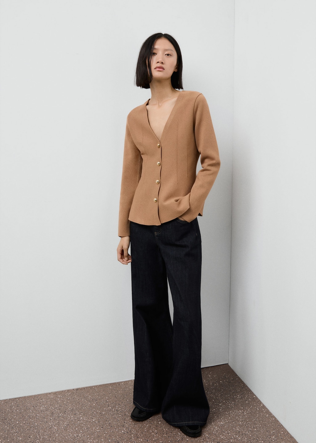 Fitted knitted jacket with buttons medium brown - Woman - S - MANGO