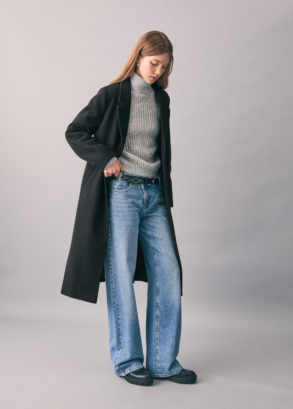 Mango Teen Long Cloth Coat Black