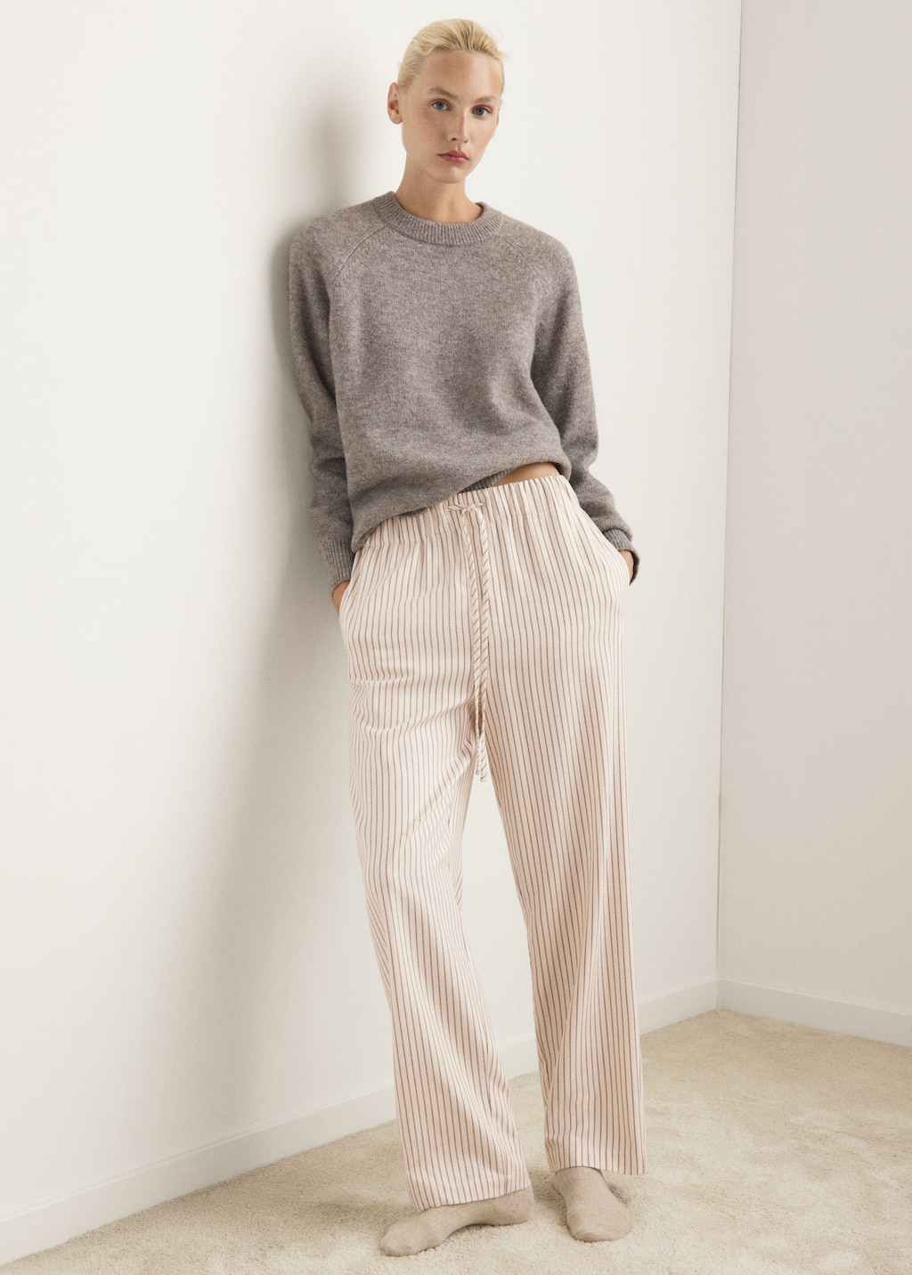 Mango Woven Striped Flannel Trousers Ivory White