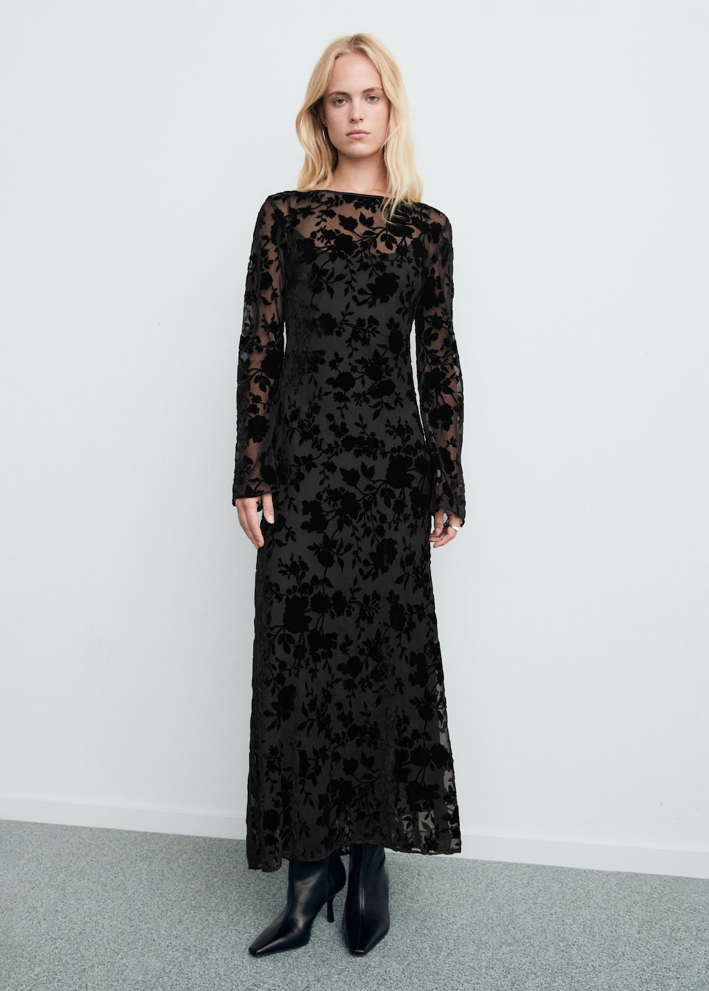 Mango Floral Jacquard Dress With Bell Sleeves Black
