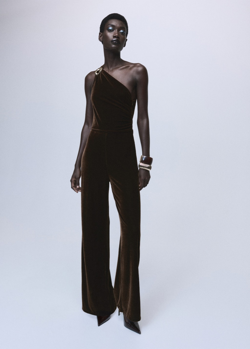 Mango Velvet Jumpsuit With Metallic Detail Brown