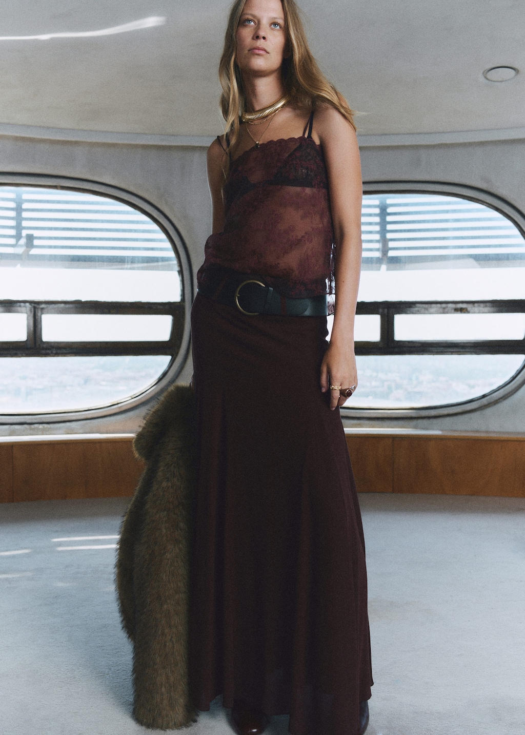 Mango Godet Skirt With Belt Maroon In Burgundy
