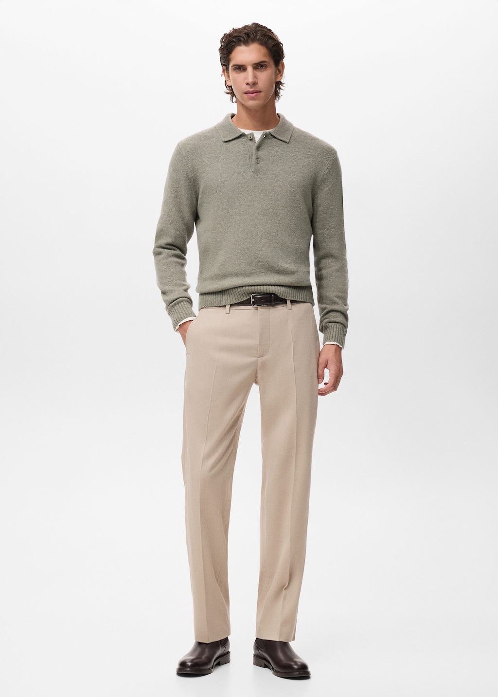 Mango Man Knitted Wool Blend Polo Sweater Pastel Green