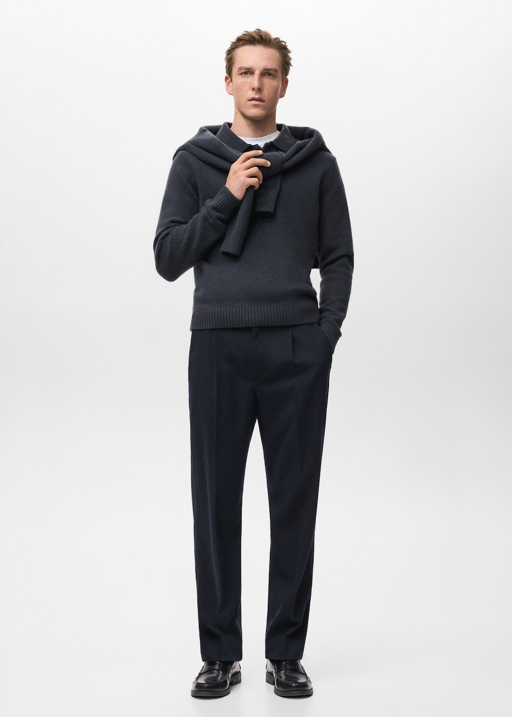 Mango Man Knitted Wool Blend Polo Sweater Indigo Blue