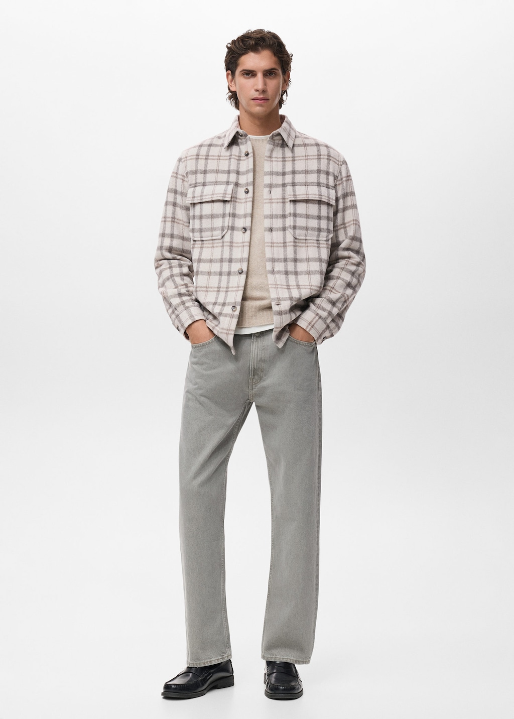 Mango Man Check Flannel Overshirt In Ecru