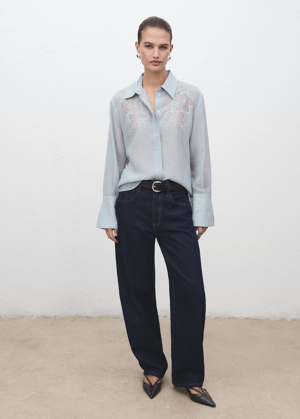 Mango Embroidered Lyocell Blouse Blue