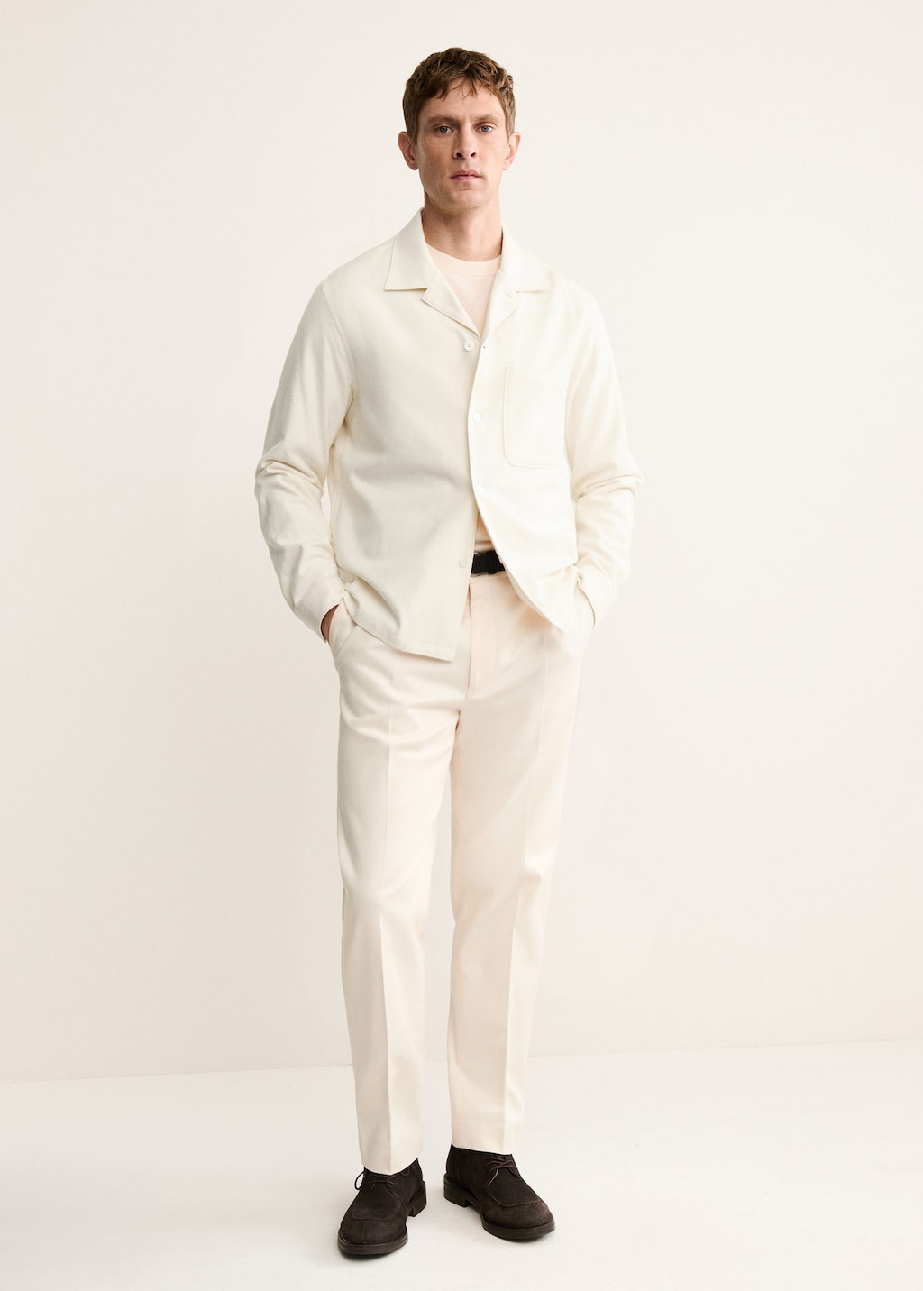 Mango Man Regular Fit Pleated Cotton Trousers Ivory White