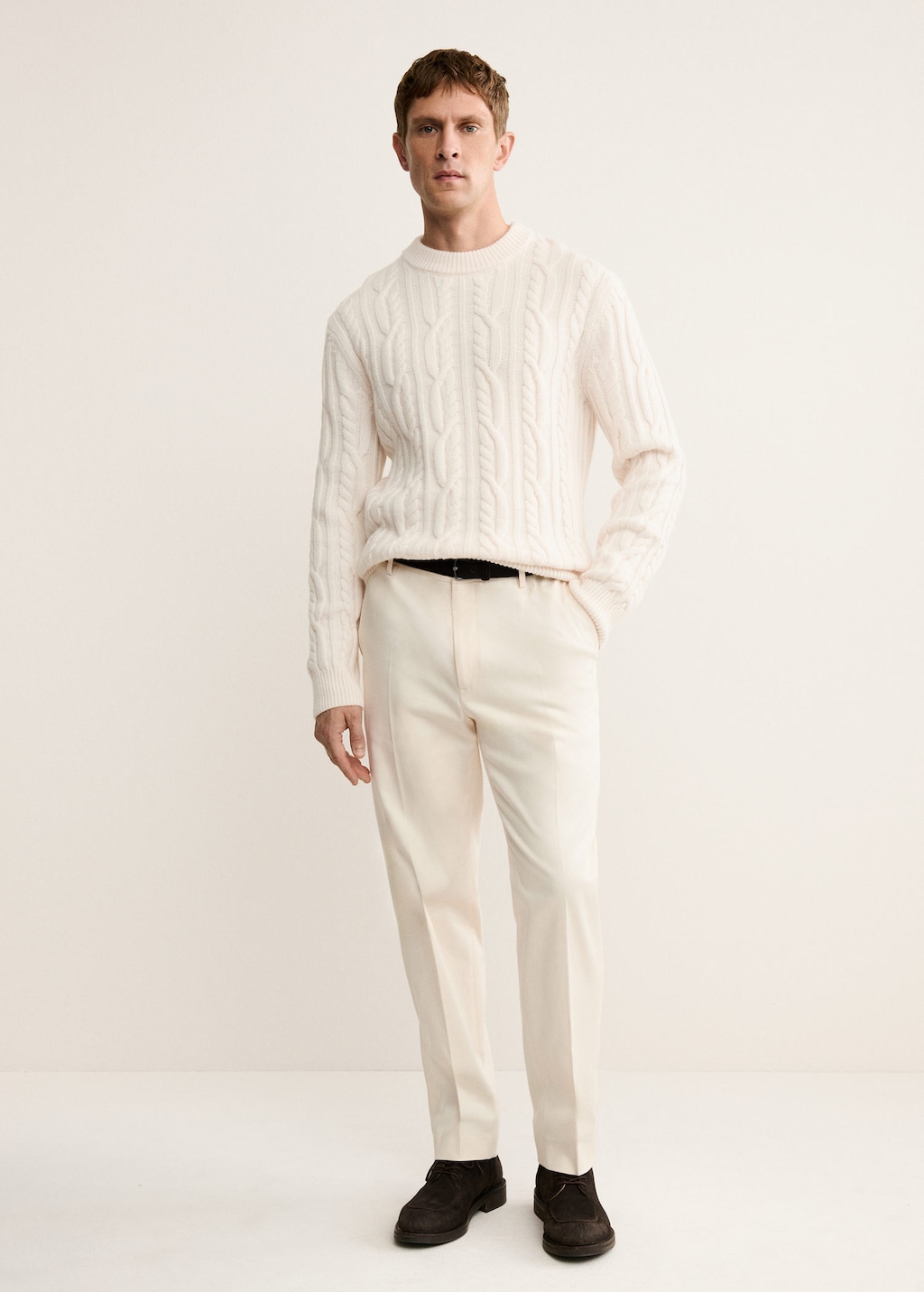 Mango Man 100% Wool Braided Sweater Ivory White